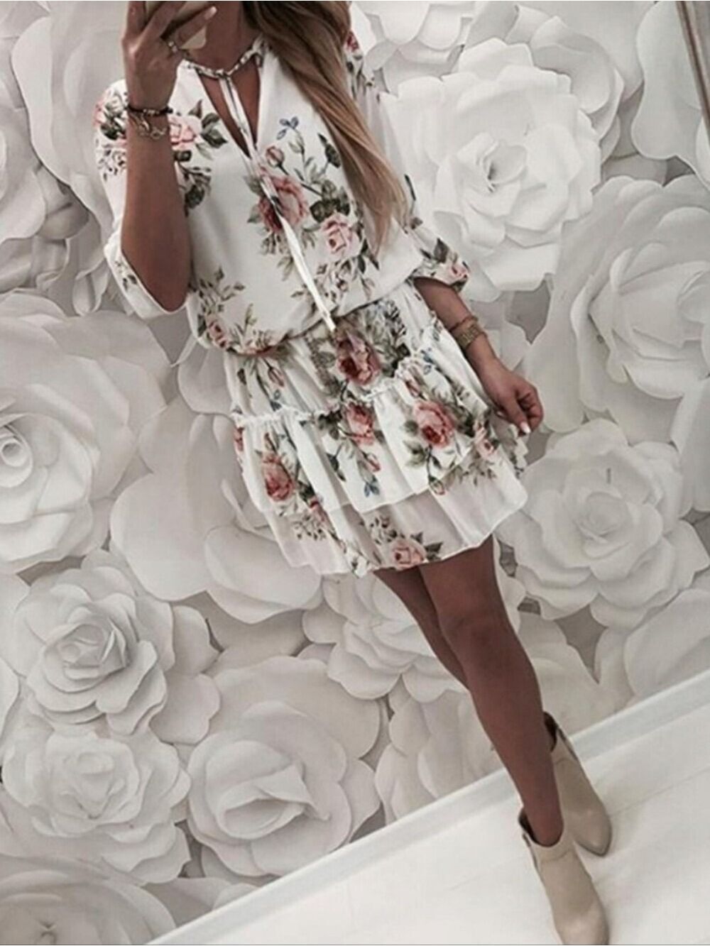 Fairycore Floral Tiered Ruffle Minidress Long Blouson Sleeves High Waist Medium
